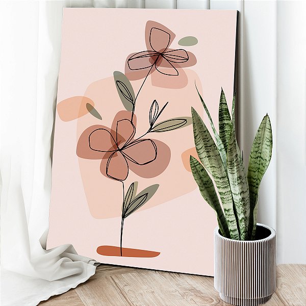 Quadro Decorativo Canvas Flores Traços MInimalistas Tons Terrosos Vertical