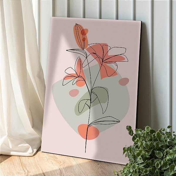 Quadro Decorativo Canvas Flores Traços MInimalistas Tons Laranjas Vertical