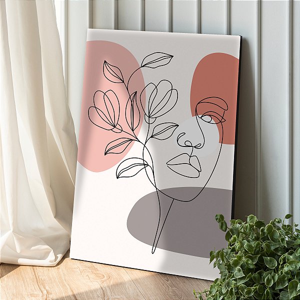 Quadro Decorativo Canvas Retrato Minimalista Rosto com Flores e Folhas Vertical