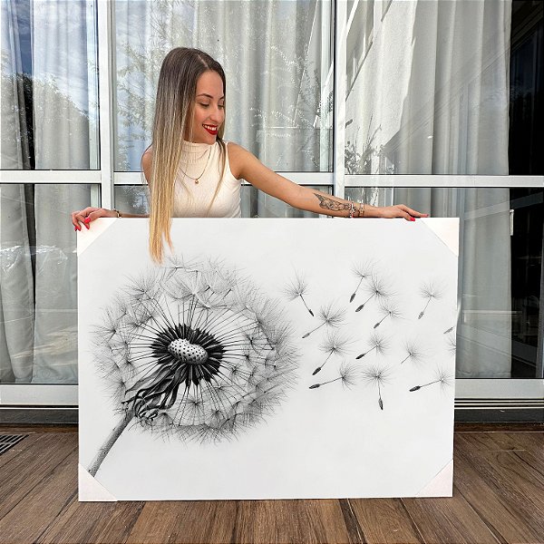 Quadro Decorativo Canvas Dente de Leão ao Vento Preto e Branco Horizontal