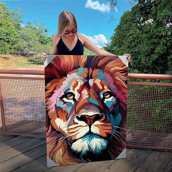 Quadro Decorativo Canvas Animais Pintura Colorida Leão Vertical