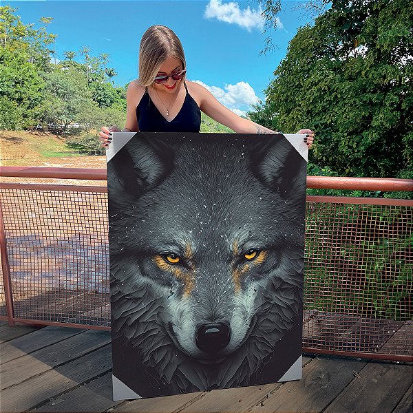Quadro Decorativo Canvas Animais Lobo Cinzento Olhos Amarelos Vertical