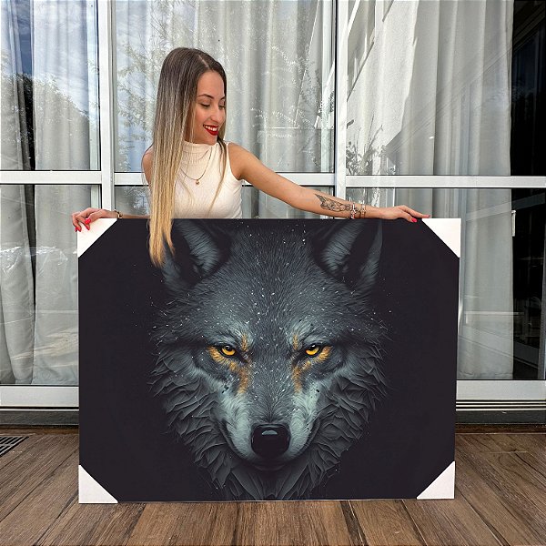 Quadro Decorativo Canvas Animais Lobo Cinzento Olhos Amarelos Horizontal