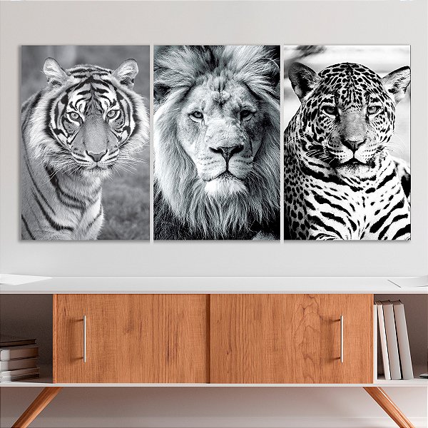 Quadro Decorativo Canvas Trio Animais Silvestres Leão Tigre Onça Preto e Branco