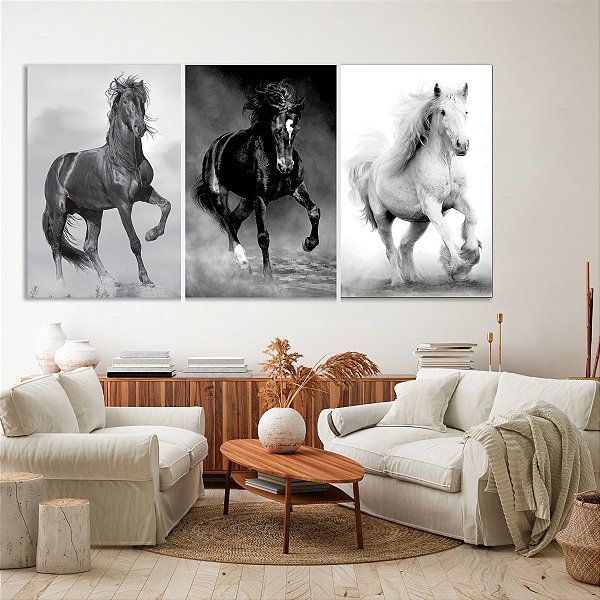 Quadro Decorativo Canvas Trio Animais Cavalos Preto e Branco