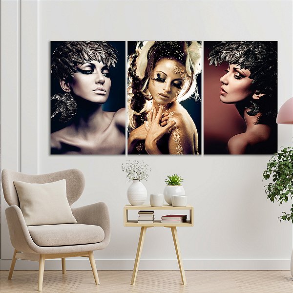 Quadro Decorativo Canvas Trio Beleza Feminina Mulheres com Maquiagem e Penas na Cabeça