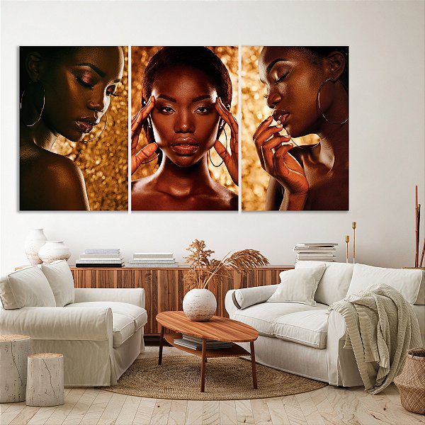 Quadro Decorativo Canvas Trio Beleza Feminina Mulheres Maquiadas em Fundo Dourado Brilhante