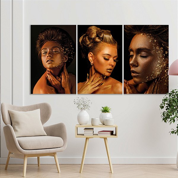 Quadro Decorativo Canvas Trio Beleza Feminina Mulheres com Maquiagem Dourada Brilhante