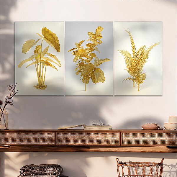 Quadro Decorativo Canvas Trio Folhagens Douradas em Fundo Branco