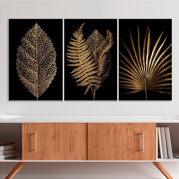 Quadro Decorativo Canvas Trio Folhas Douradas em Fundo Preto
