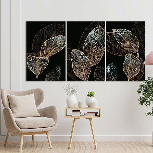 Quadro Decorativo Canvas Trio Folhas Com Traços Dourados Fundo Preto