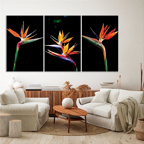 Quadro Decorativo Canvas Trio Flores Estrelícias Aves do Paraíso