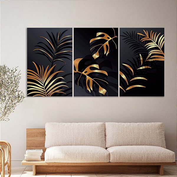 Quadro Decorativo Canvas Trio Folhagens Abstratas Preto e Dourado