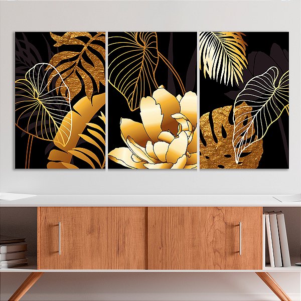 Quadro Decorativo Canvas Trio Composição Folhagens Brancas e Douradas