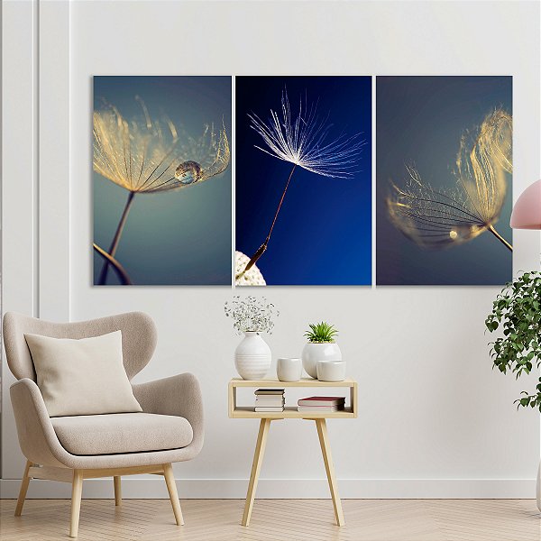 Quadro Decorativo Canvas Trio Floral Dentes de Leão em Fundo Azul