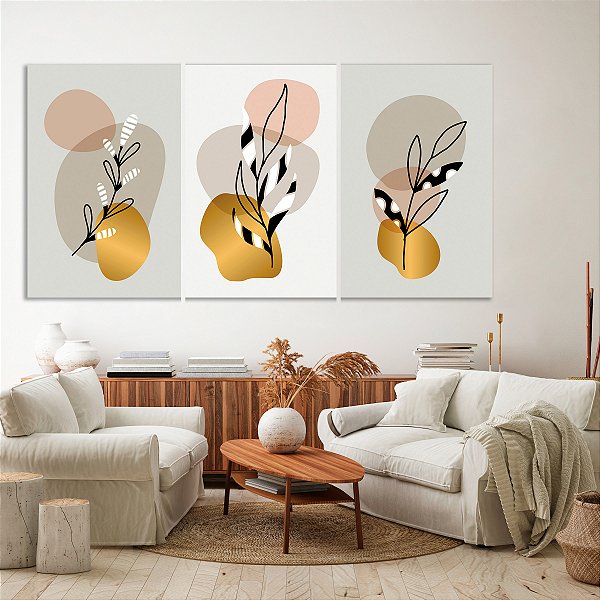 Quadro Decorativo Canvas Trio Abstrato Folhagens e Formas Orgânicas