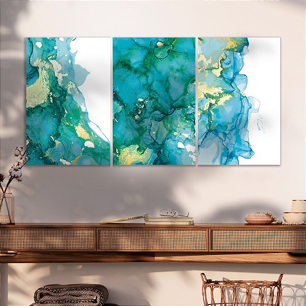 Quadro Decorativo Canvas Trio Pinturas Abstratas Cores Frias Suaves