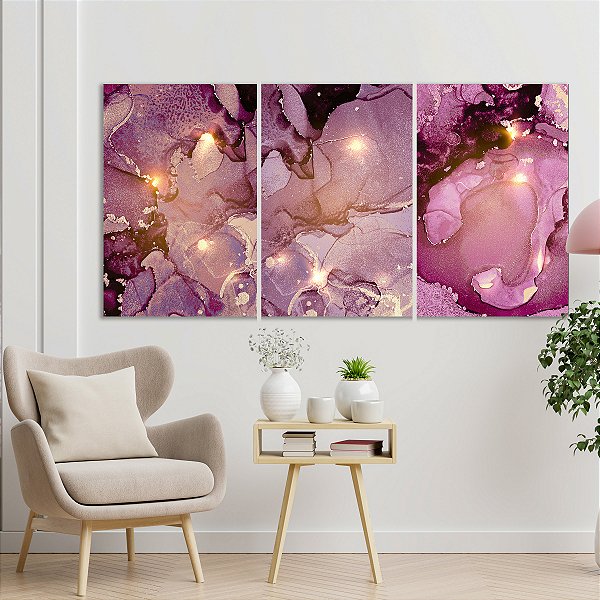 Quadro Decorativo Canvas Trio Pinturas Abstratas em Tons de Roxo