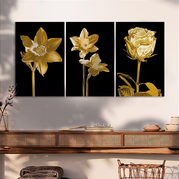 Quadro Decorativo Canvas Trio Flores Douradas em Fundo Preto