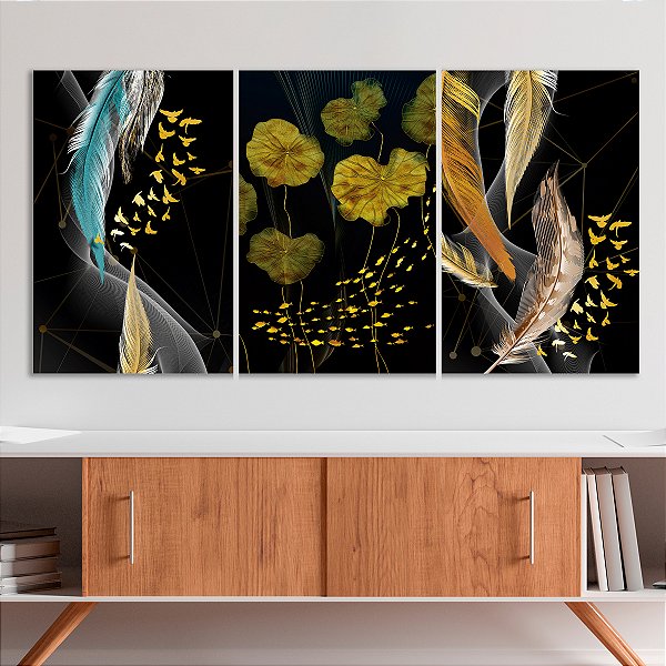 Quadro Decorativo Canvas Trio Abstrato Estilo Nórdico Penas e Folhas de Lótus
