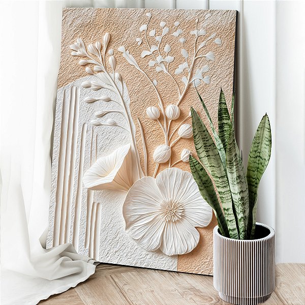 Quadro Decorativo Canvas Composição Abstrata Flores e Ramos Brancos