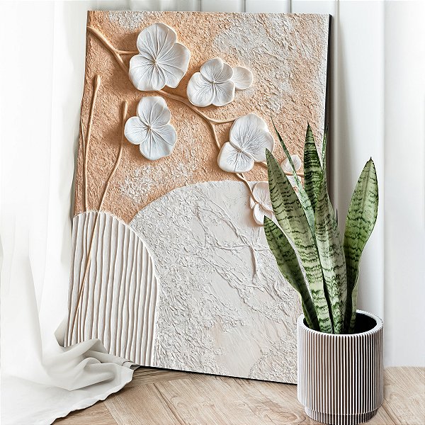 Quadro Decorativo Canvas Composição Abstrata Flores Brancas Vertical