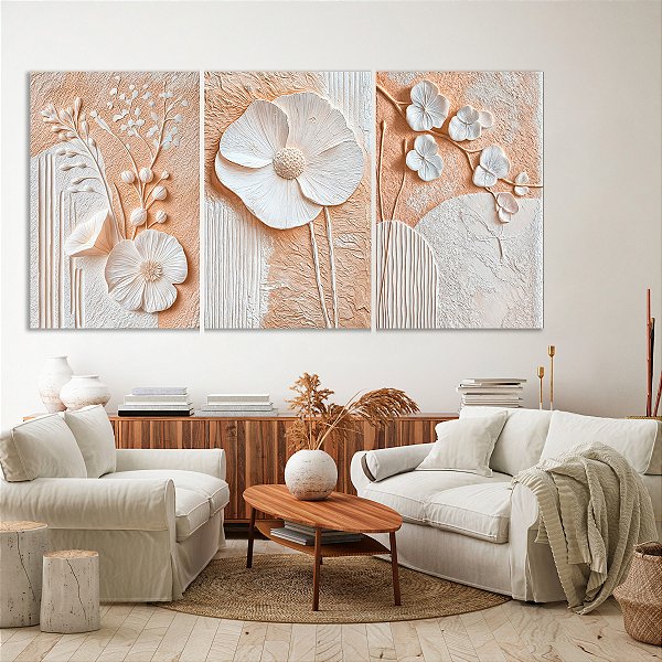Quadro Decorativo Canvas Trio Composição Abstrata Flores e Ramos