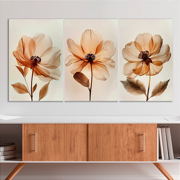 Quadro Decorativo Canvas Trio Flores em Tons Terrosos Pétalas Finas