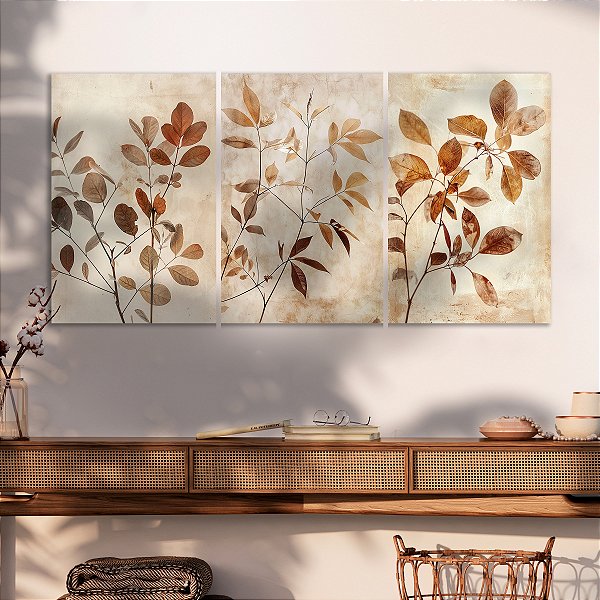 Quadro Decorativo Canvas Trio Composição Ramos e Folhas em Tons Terrosos