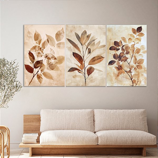 Quadro Decorativo Canvas Trio Composição Ramos e Folhas em Tons Terrosos