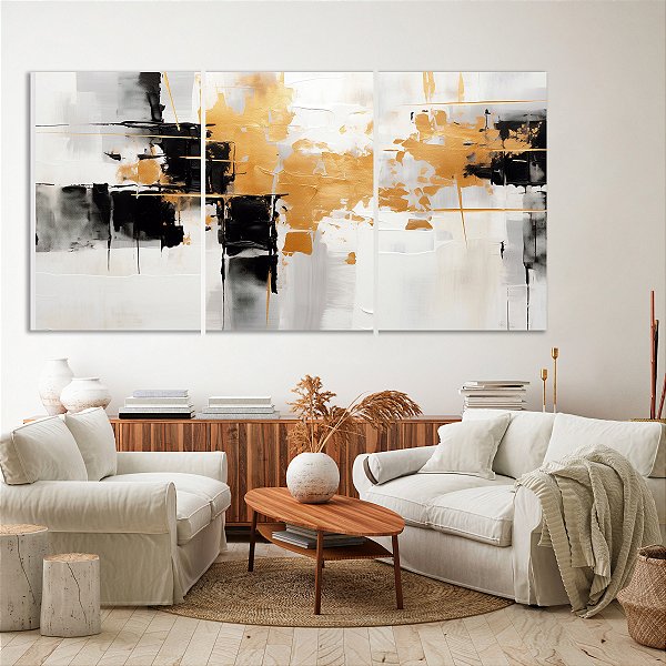 Quadro Decorativo Canvas Trio Pintura Abstrata Preto e Branco com Detalhes Dourados