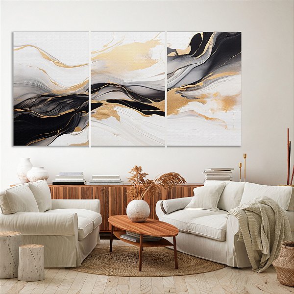 Quadro Decorativo Canvas Trio Pintura Abstrata Preto Branco e Dourado