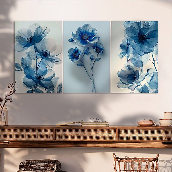 Quadro Decorativo Canvas Trio Flores Azuis Pétalas Finas