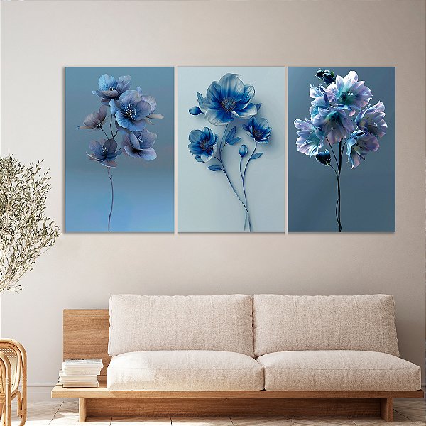 Quadro Decorativo Canvas Trio Composição Flores Azuis e Lilás