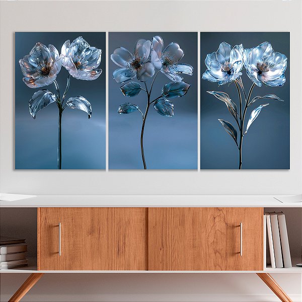 Quadro Decorativo Canvas Trio Composição Flores Azuis Pétalas e Folhas de Vidro