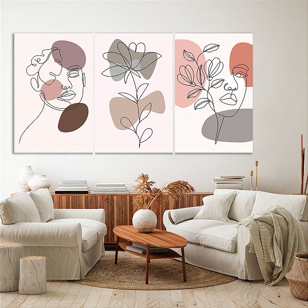 Quadro Decorativo Canvas Trio Rostos e Flor em Traços Minimalistas