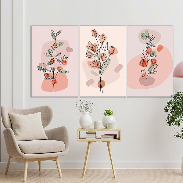 Quadro Decorativo Canvas Trio Tulipas e Pés de Laranja Traços Minimalistas