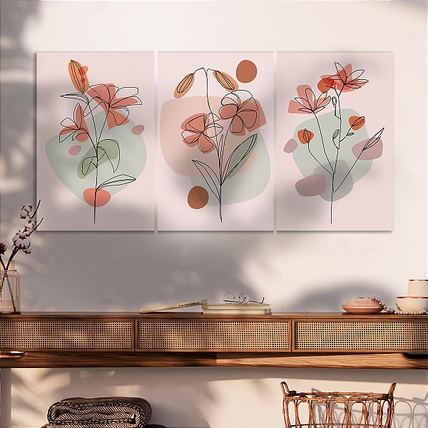Quadro Decorativo Canvas Trio Flores em Traços Minimalistas