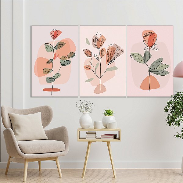 Quadro Decorativo Canvas Trio Botões Florais e Tulipas em Traços Minimalistas