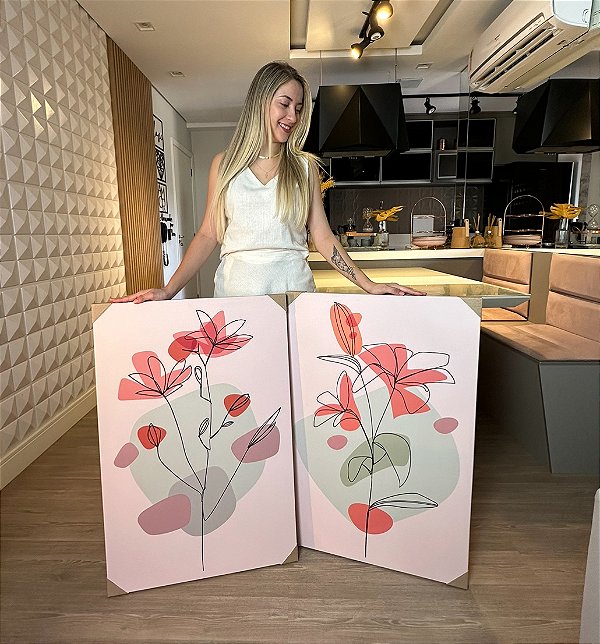 Quadro Decorativo Canvas Duplo Flores Abstratas Minimalistas tons Rose