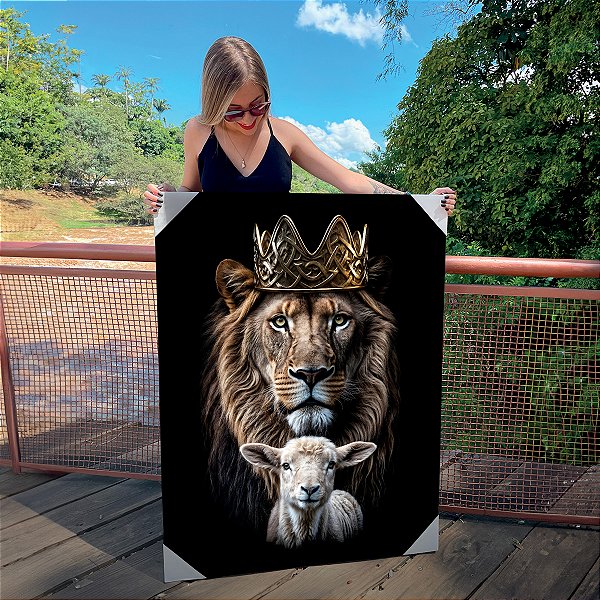 Quadro Decorativo Canvas Leão Rei com Cordeiro Vertical