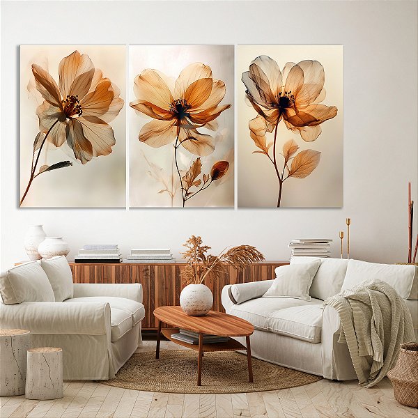 Quadros Decorativos Trio em Flutuante Flores com Pétalas Finas e Tons Terrosos