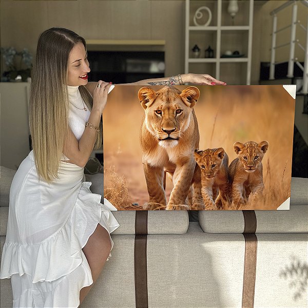 Quadro Decorativo Flutuante Animais Leoa com Dois Filhotes Horizontal