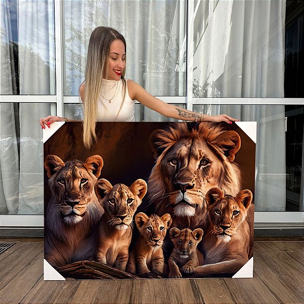 Quadro Decorativo Canvas Família Leão 4 filhotes Horizontal