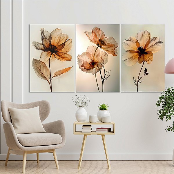 Quadros Decorativos Trio em Flutuante Flores com Pétalas Finas e Tons Terrosos