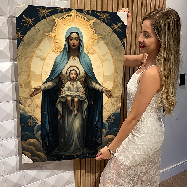 Quadro Decorativo Flutuante Religioso Santa Mãe Maria com o Menino Jesus Vertical