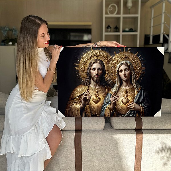 Quadro Decorativo Flutuante Religioso Sagrado Coração Jesus e Maria Horizontal
