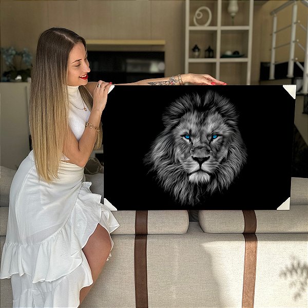 Quadro Decorativo Flutuante Leão de Judá Olhos Azuis Horizontal