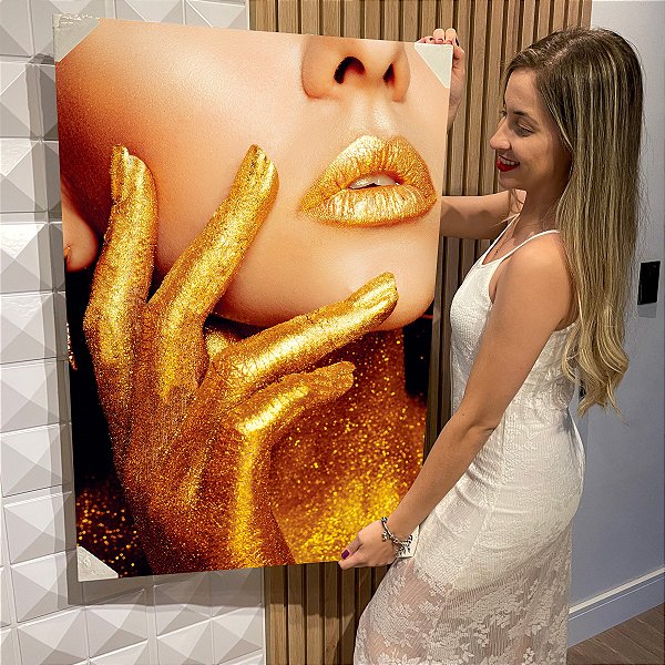 Quadro Decorativo Flutuante Mulher Beleza Feminina Lábios Dourados Gold Vertical