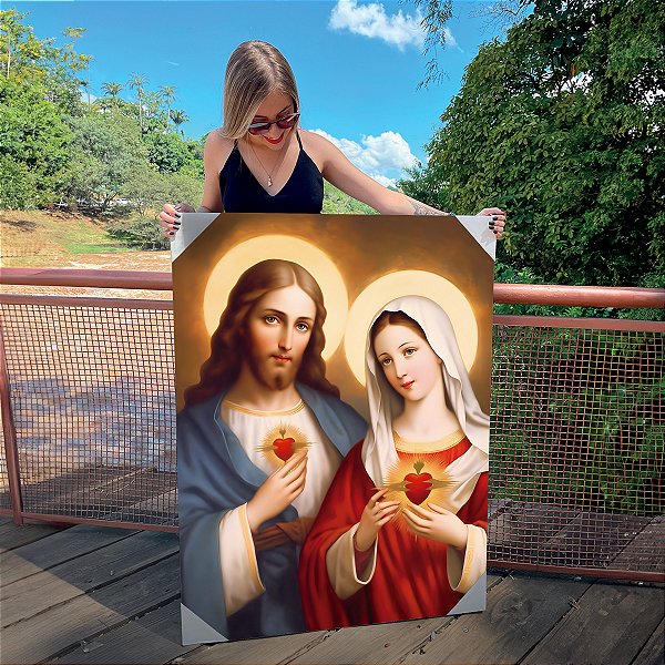 Quadro Decorativo Canvas Religioso Sagrado Coração de Jesus e Maria Vertical